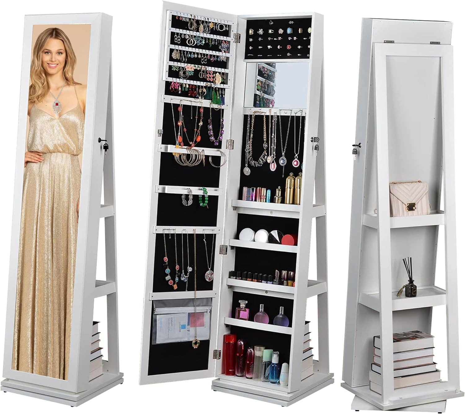 Jewelry Wardrobe Lockable Standing Jewelry Cabinet Storage Cabinet White