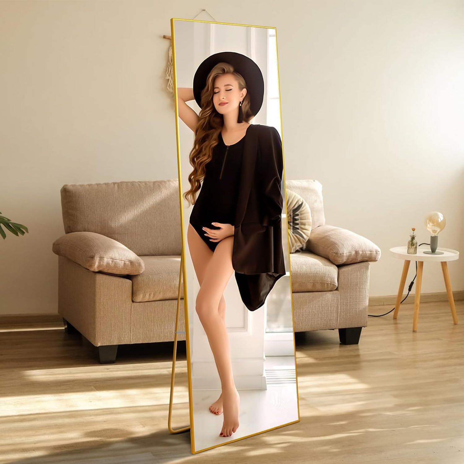 Living room oblique hanging long mirror glod