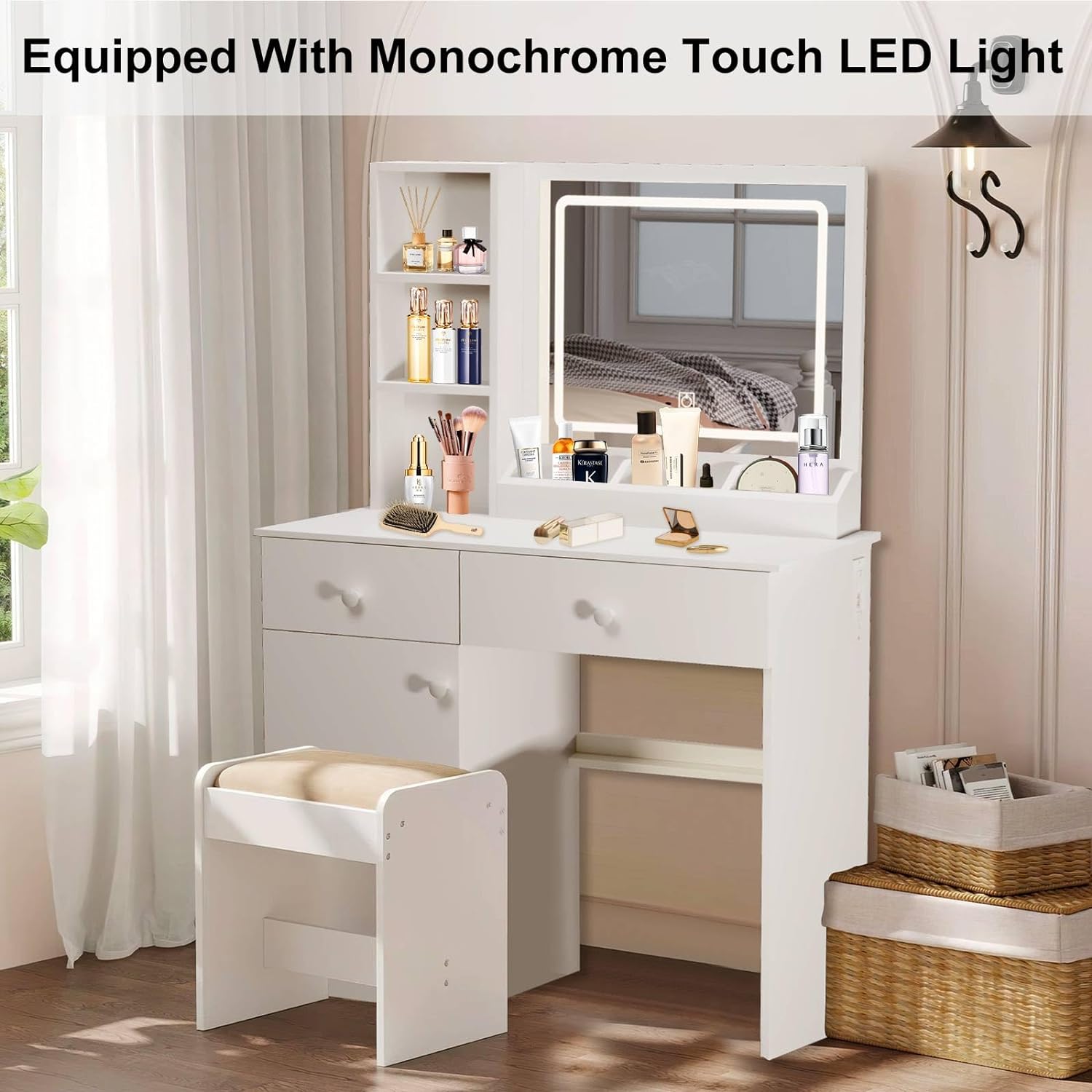 Vanity Desk with Mirror and LED Lights,Small Vanity with 3 Storage Drawers and Charging Station,White Makeup Vanity Desk Set with Extra Large Mirror,3 Lighting Modes,Brightness Adjustable