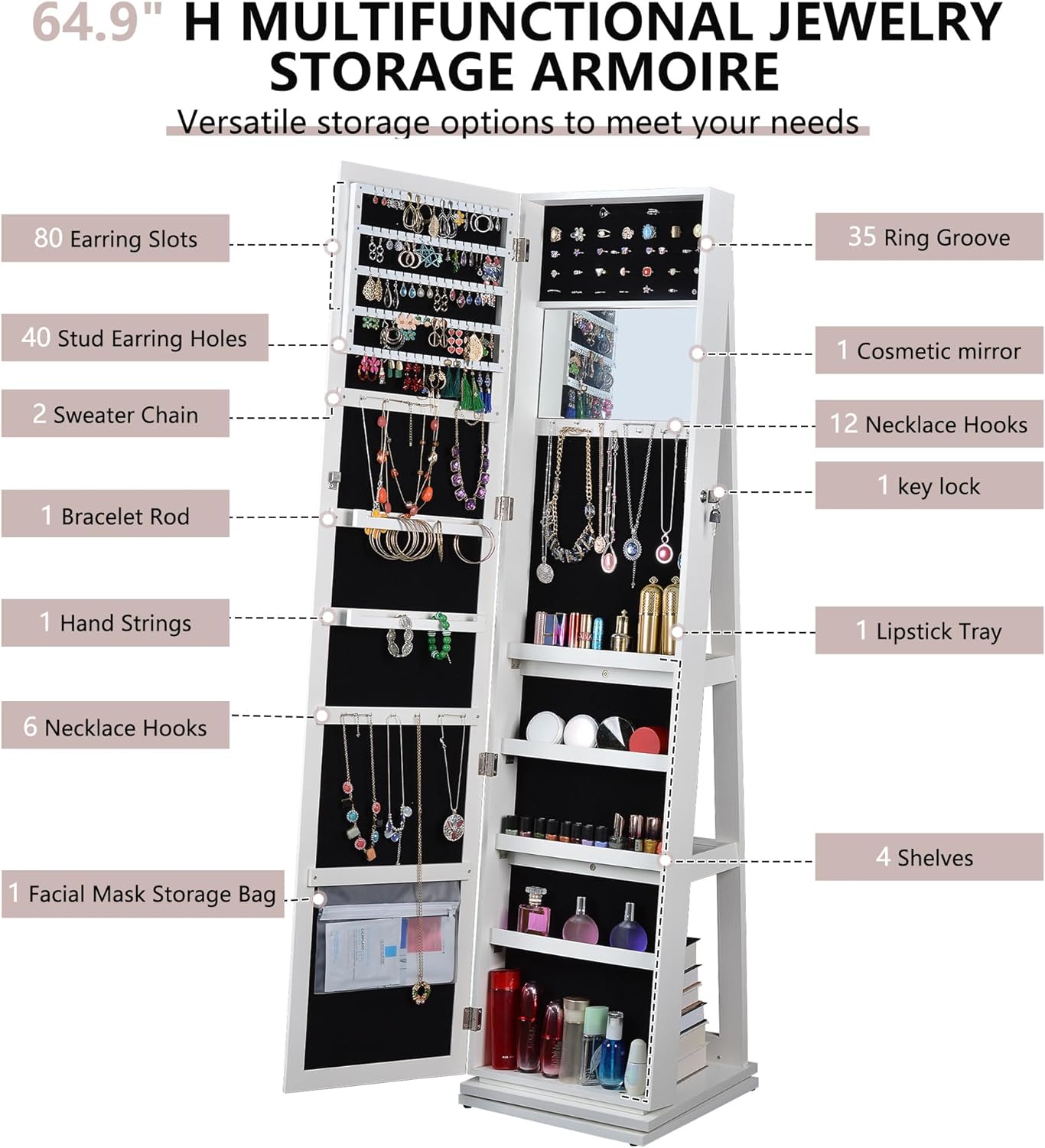 Jewelry Wardrobe Lockable Standing Jewelry Cabinet Storage Cabinet White