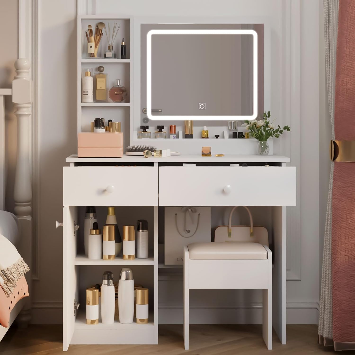 Vanity Desk with Mirror and LED Lights,Small Vanity with 3 Storage Drawers and Charging Station,White Makeup Vanity Desk Set with Extra Large Mirror,3 Lighting Modes,Brightness Adjustable