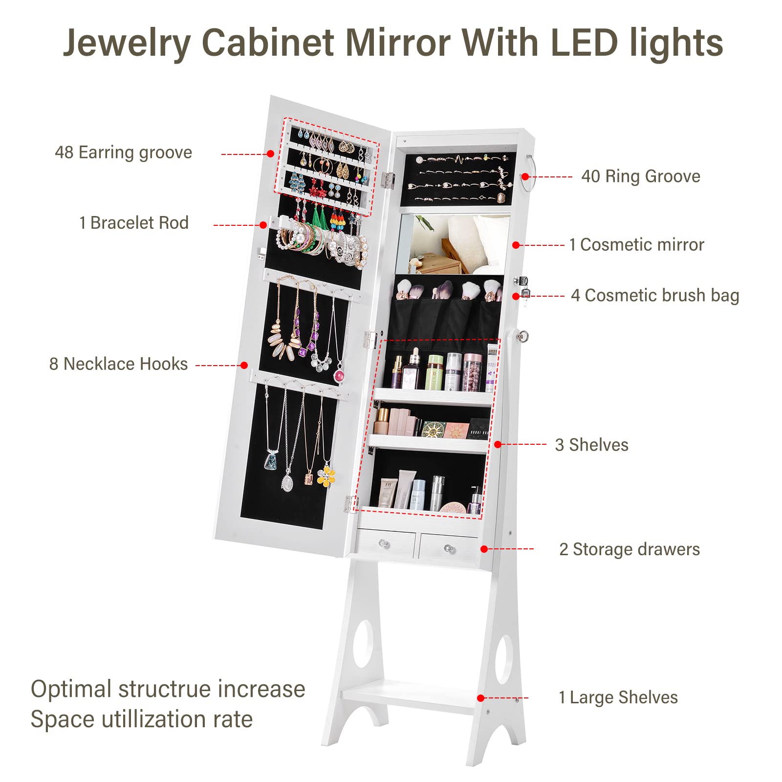 6 Led Jewelry Cabinet Mirror Standing White