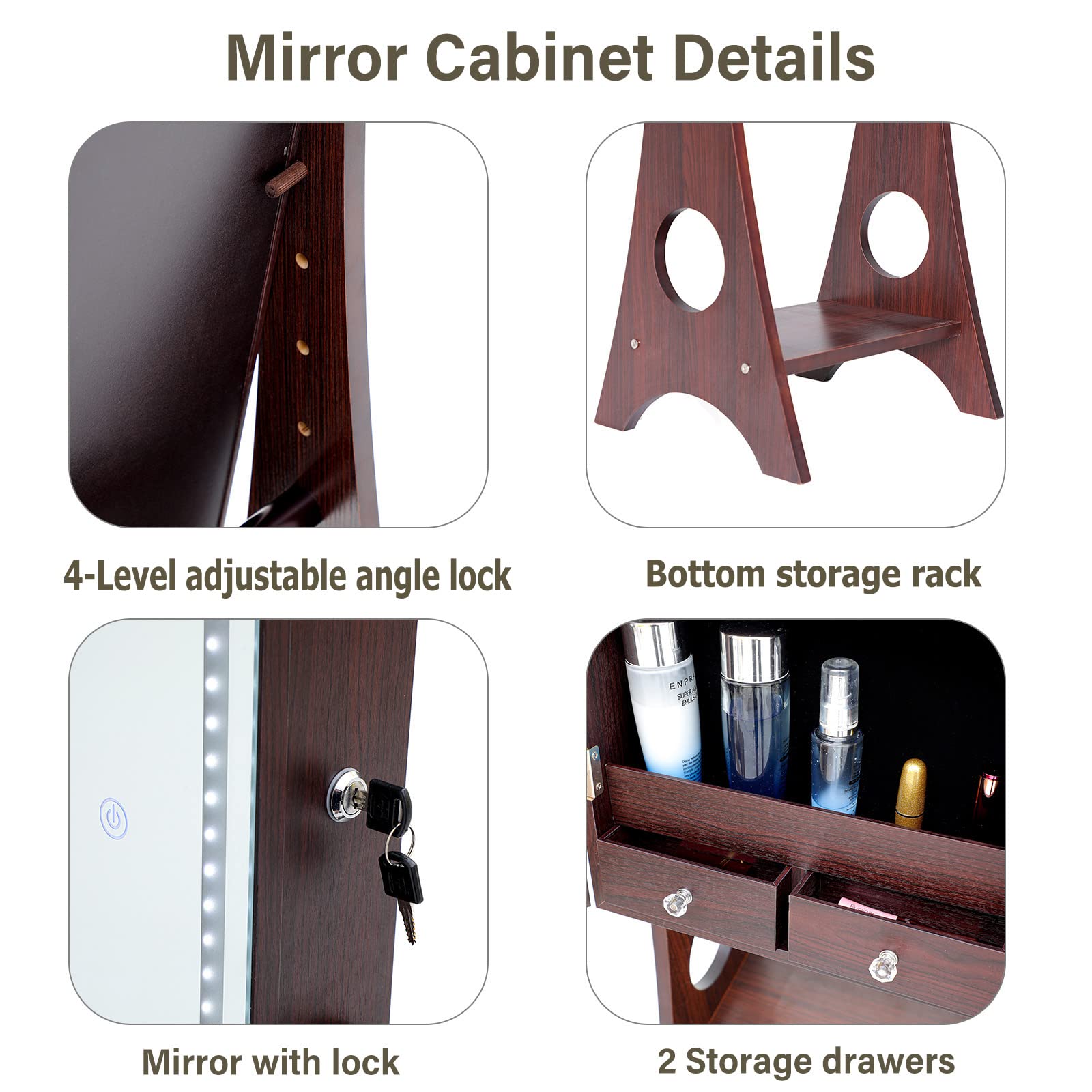 6 Led Jewelry Cabinet Mirror Standing Winered