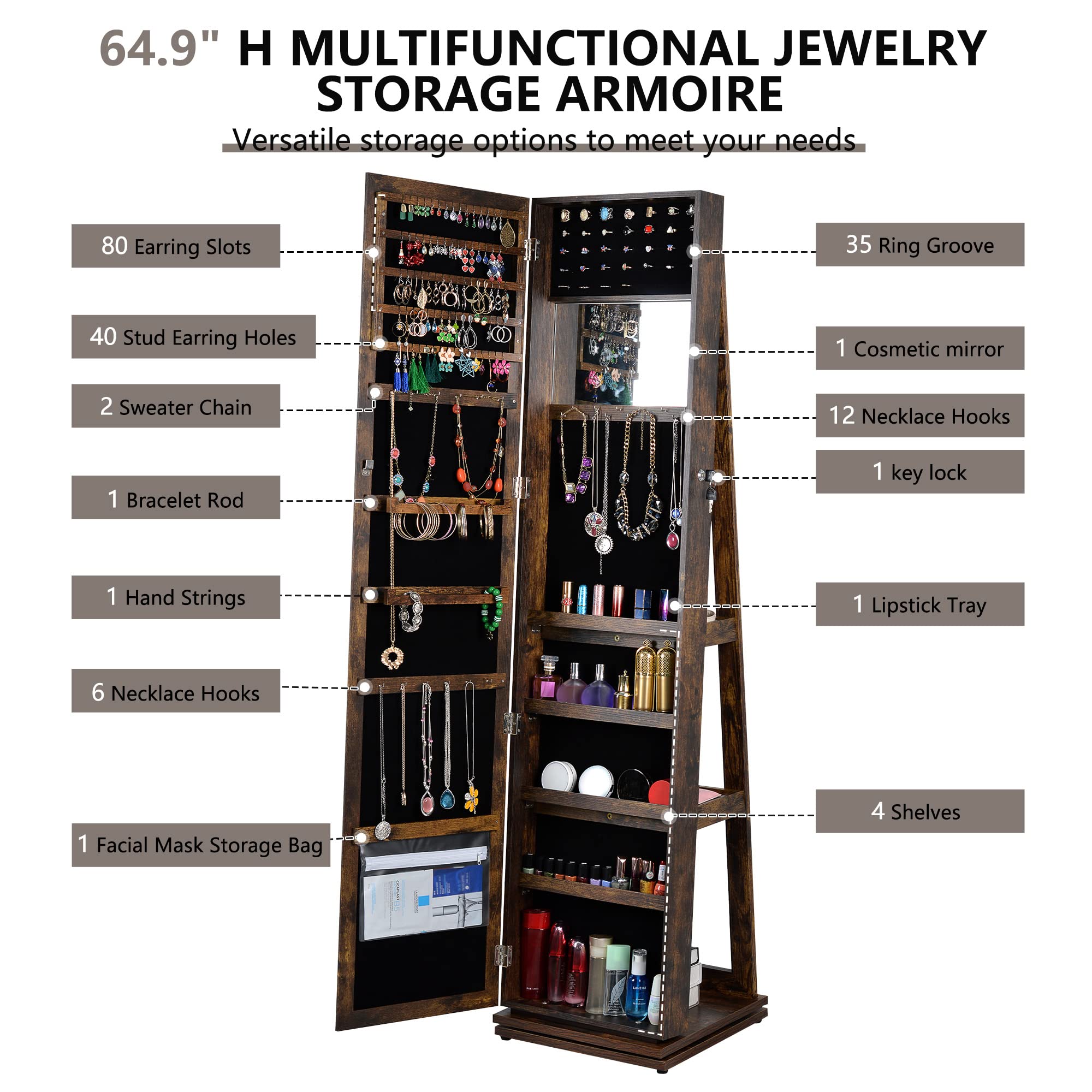 Jewelry Cabinet 65" -360° Rotation Rustic Brown