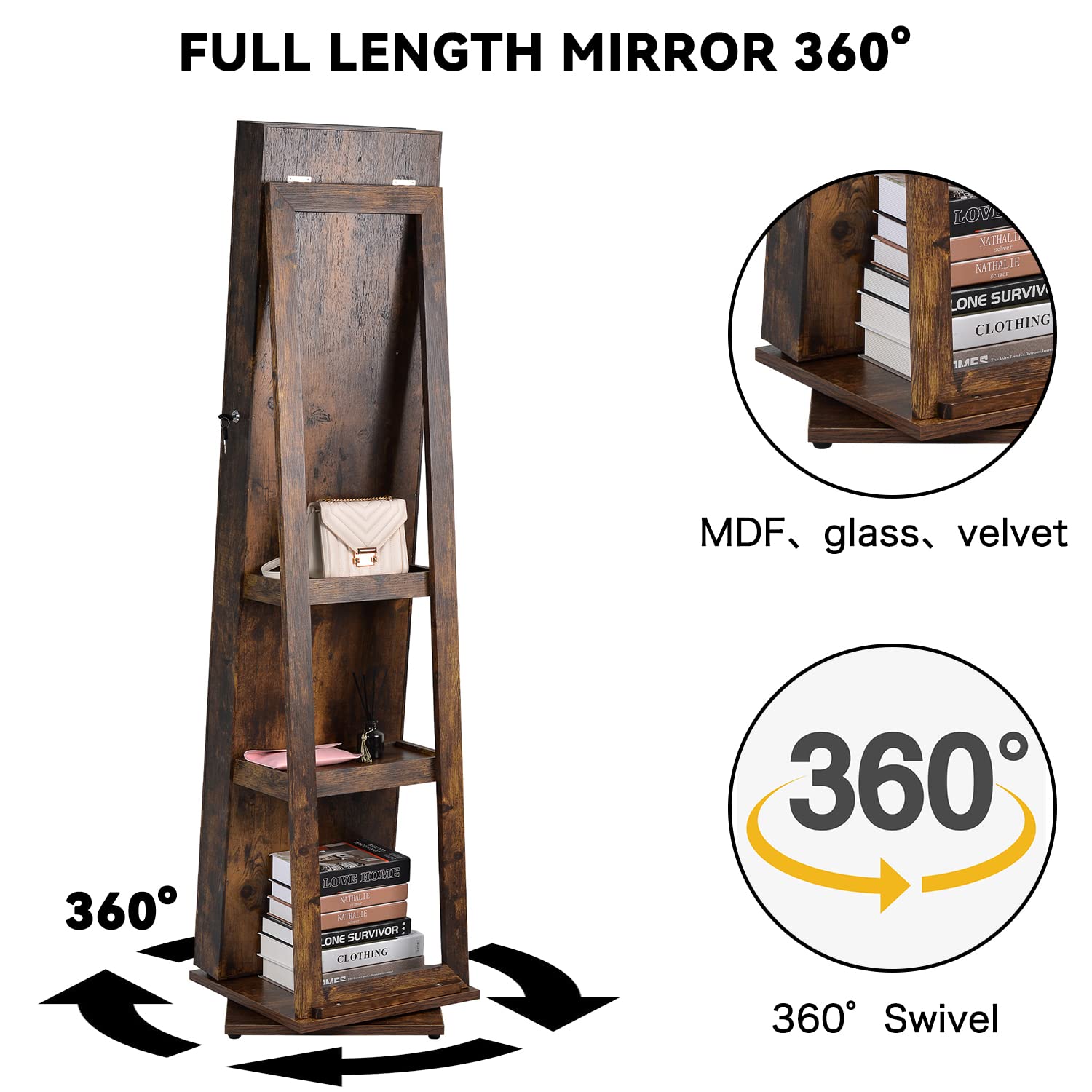 Jewelry Cabinet 65" -360° Rotation Rustic Brown
